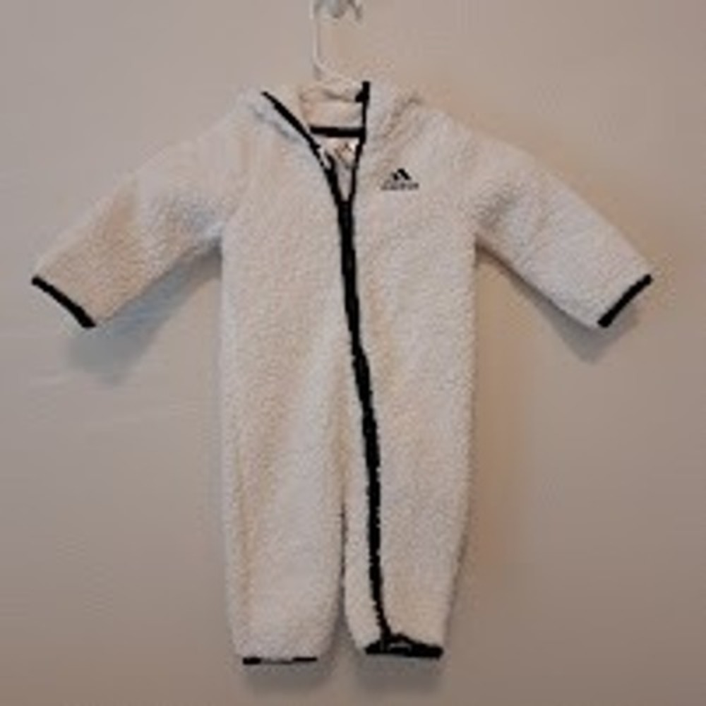 Adidas Baby Sherpa Fleece Bunting Hooded Coverall White Black 12M